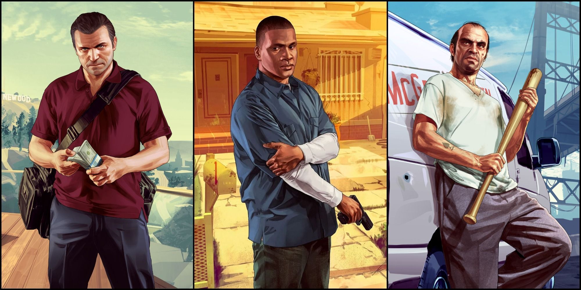 Split image promotional art of Grand Theft Auto 5's three main characters: Michael, Franklin and Trevor