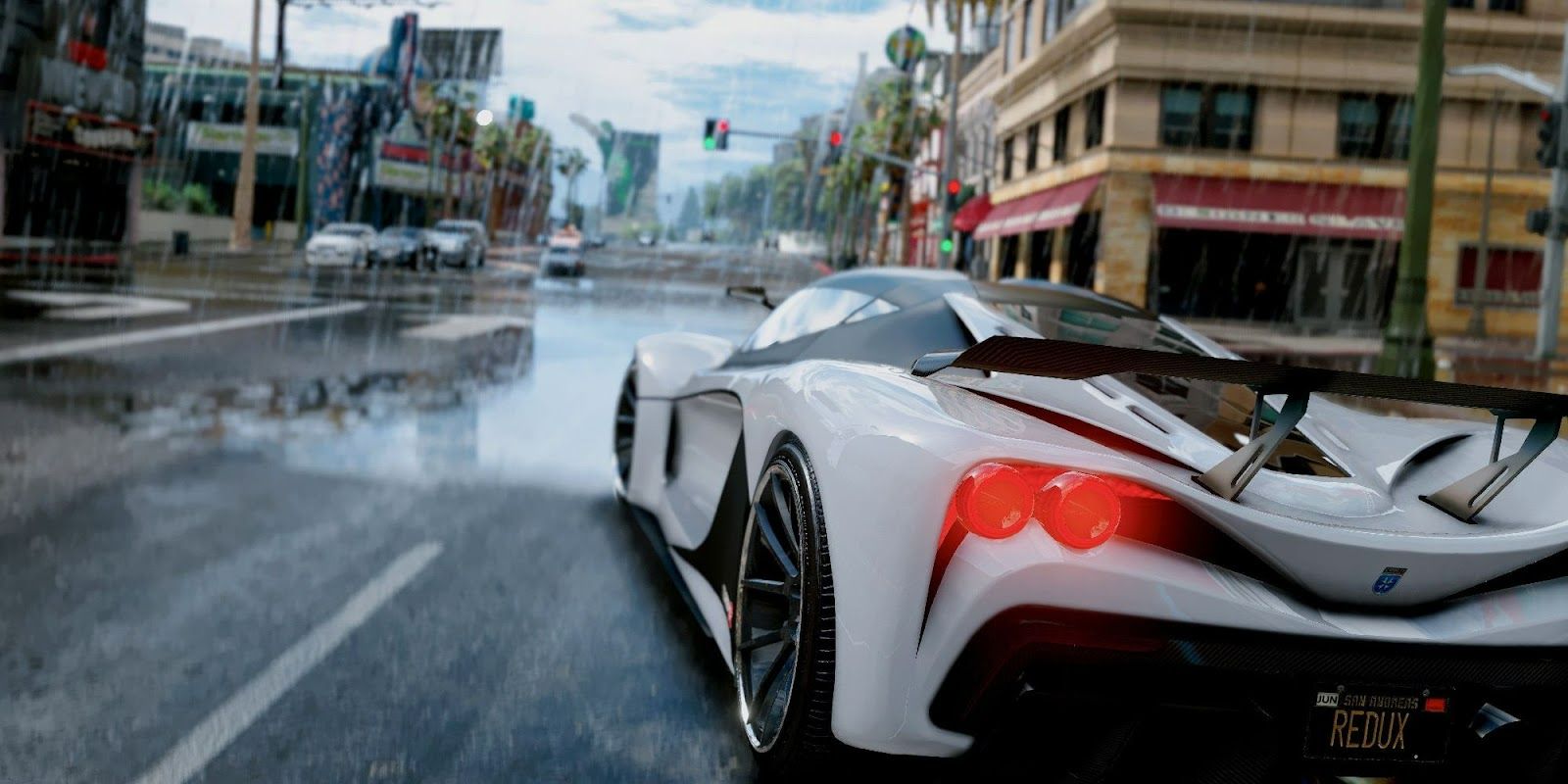A vehicle driving through the streets in GTA 5