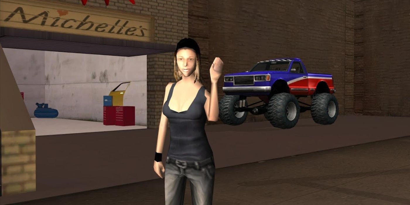 Michelle waves at the screen in front of her mechanic shop in San Fierro.