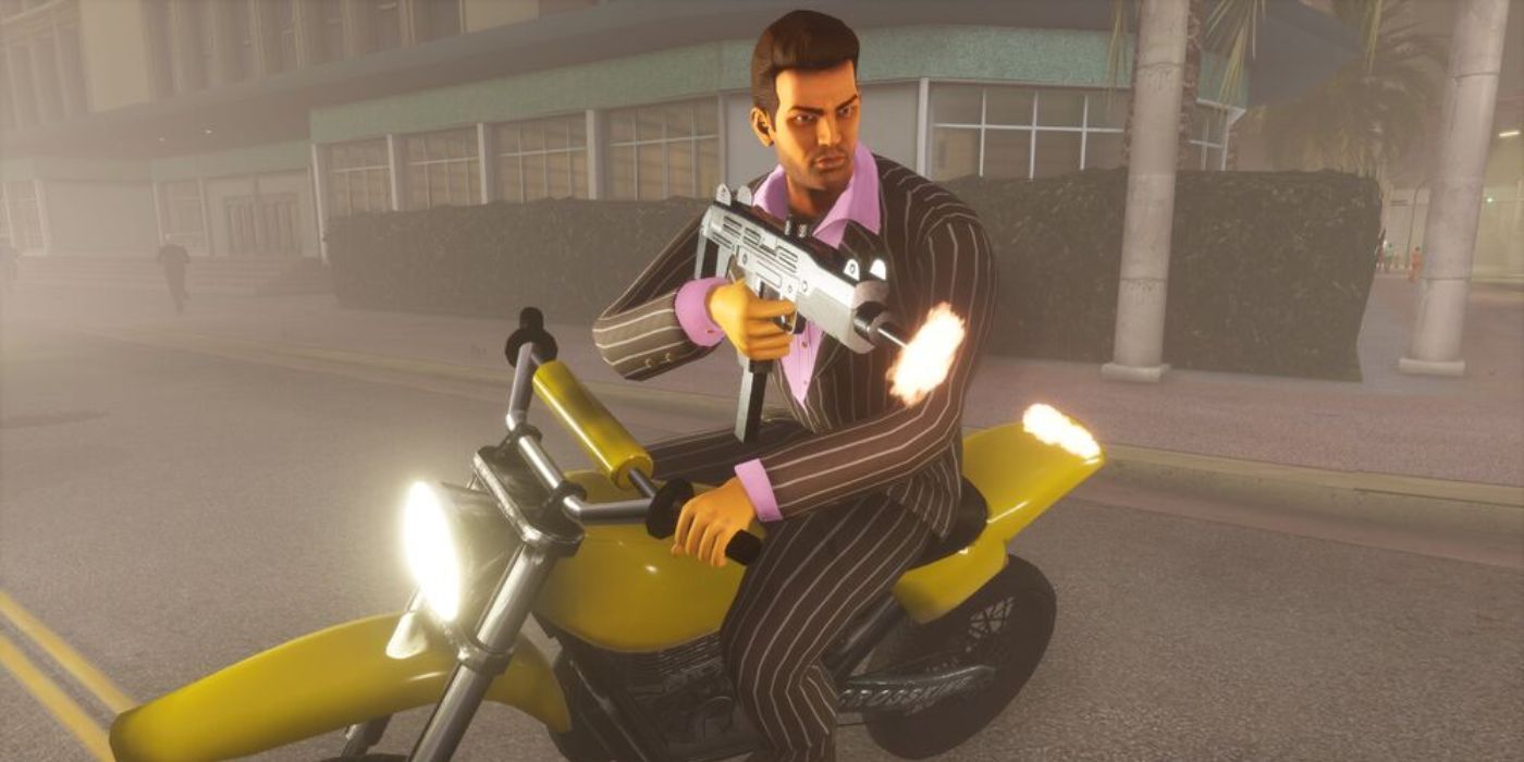 Tommy rides a dirt bike while shooting an SMG in his Mr. Vercetti outfit