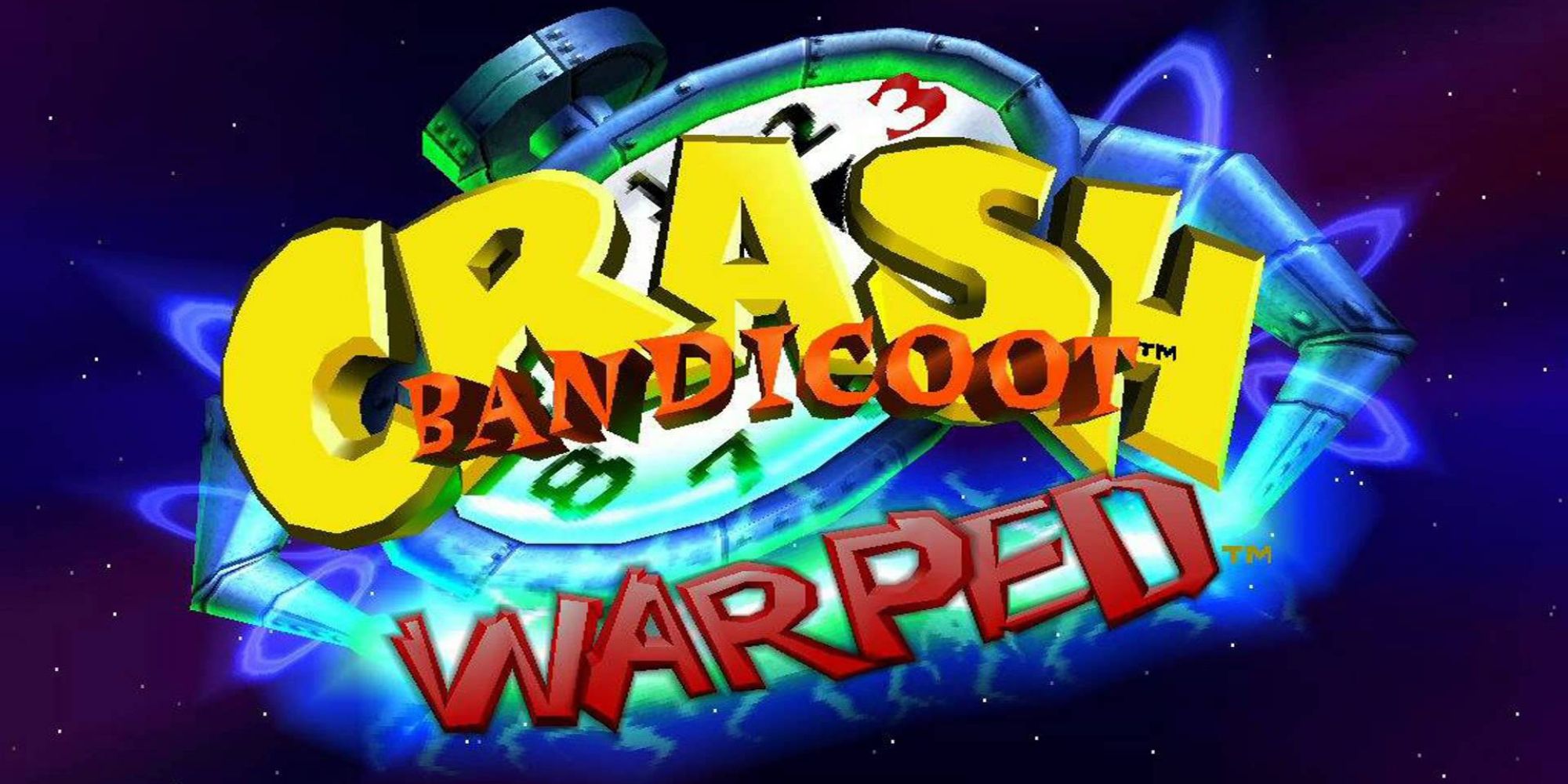The title screen of the game Crash Bandicoot 3: Warped with his name engulfed in blue electricity in front of a timer.