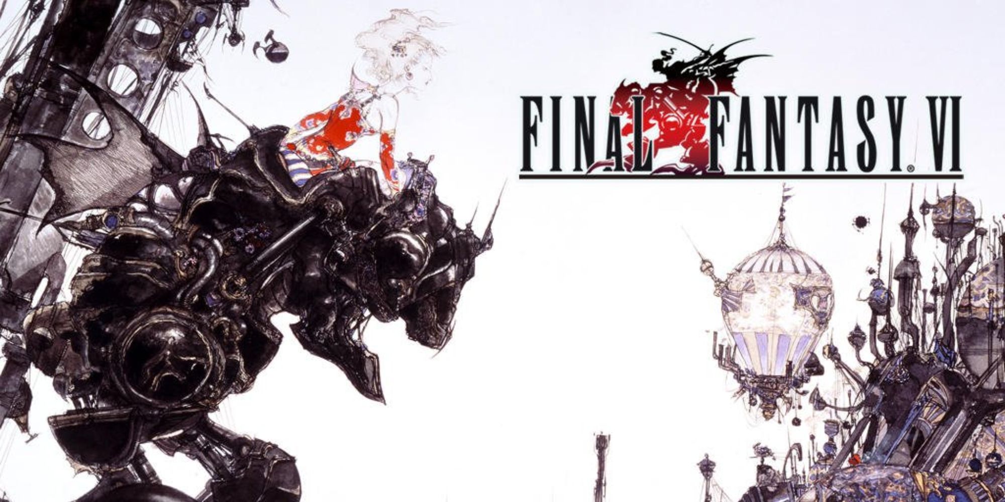 Games With Short Development Times the cover art and logo for Final Fantasy 6 featuring Terra Branford on top of a black mech overlooking a city