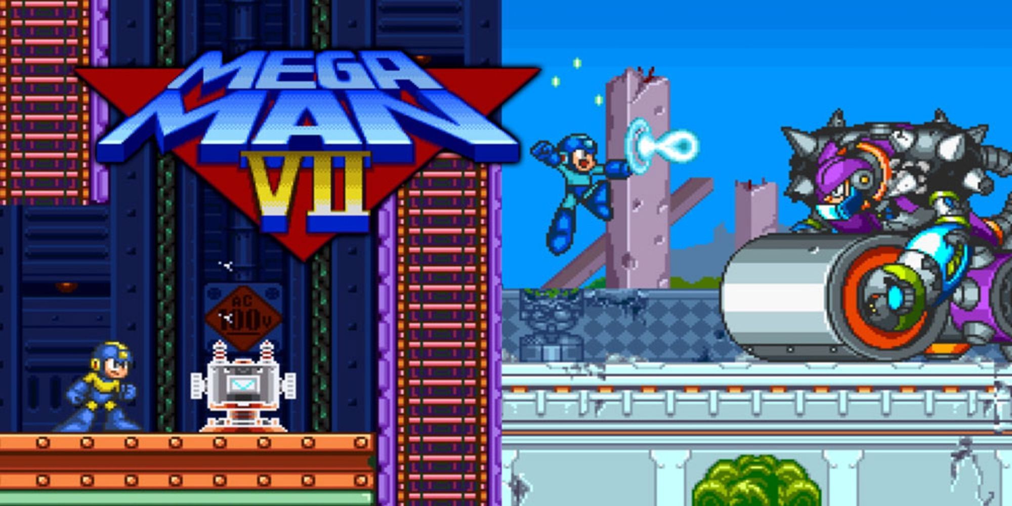 Games With Short Development Times a 2D side shot of gameplay from Mega Man 7 with the game's logo in the top left and Mega Man shooting Mad Grinder on the right