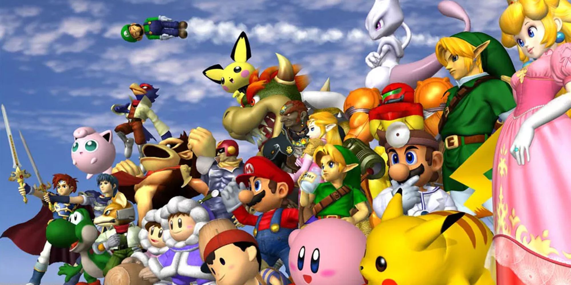 A shot of all of the fighters from Super Smash Bros. Melee lined up including Link, Mario, Ness, Kirby, Princess Peach and Captain Falcon.