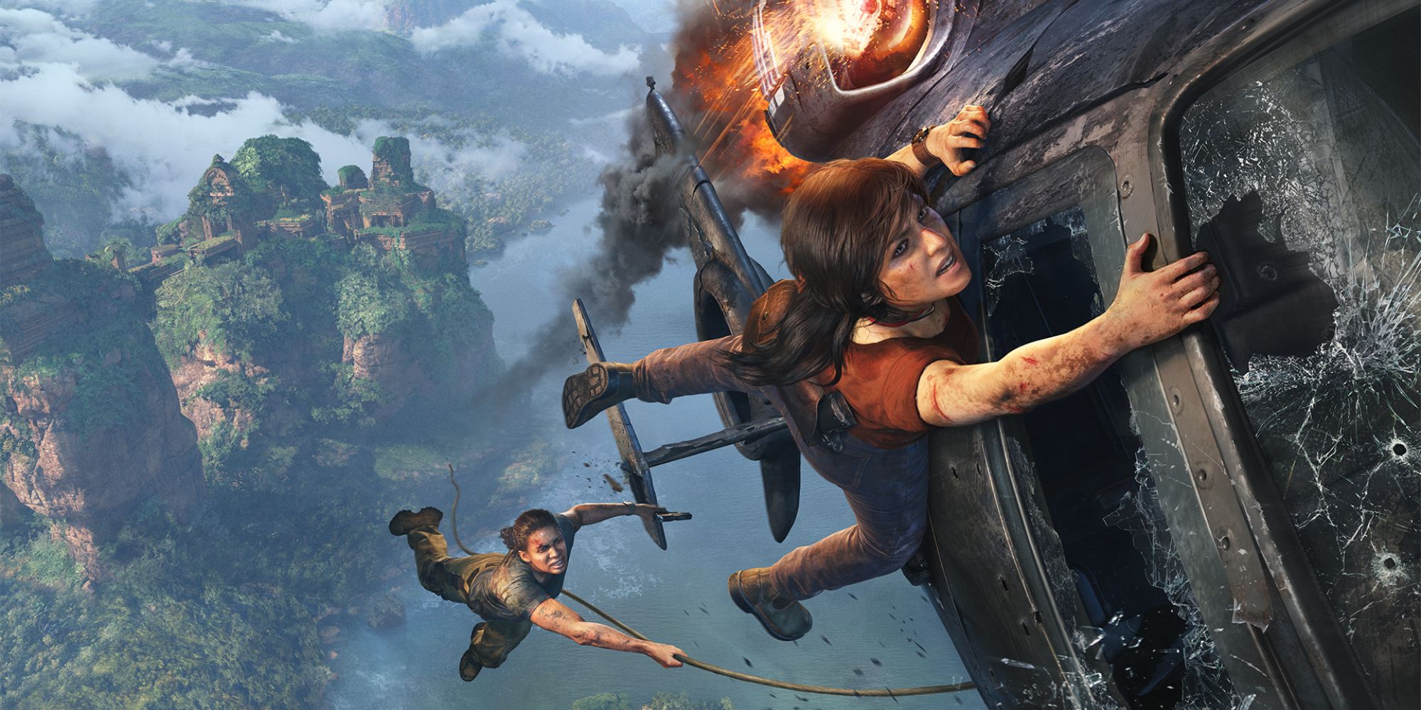 Games With Short Development Times a wide shot of Nadine Ross and Chloe Frazer from Uncharted: The Lost Legacy hanging off of a broken helicopter high in the sky
