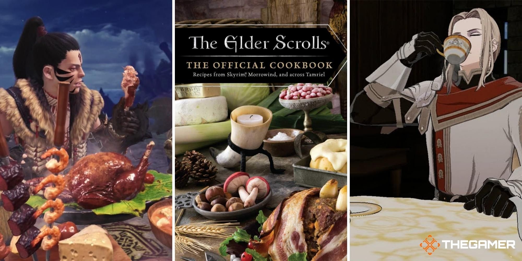 Video games that feature cookbooks (left: Monster Hunter, centre: The Elder Scrolls, right: Fire Emblem Three Houses)