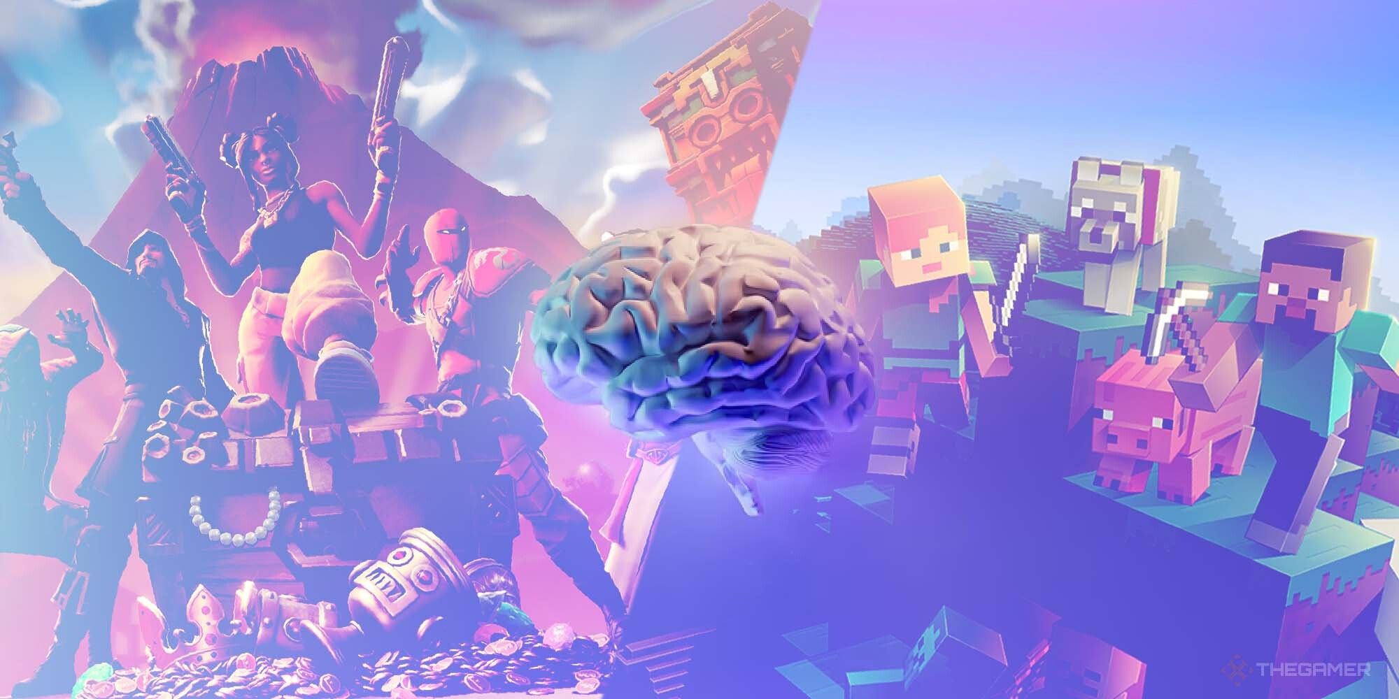 A brain in front of a split image of minecraft and I think fortnite