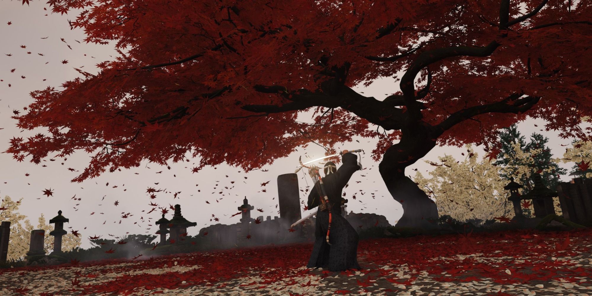 A dark red tree in Ghost of Tsushima