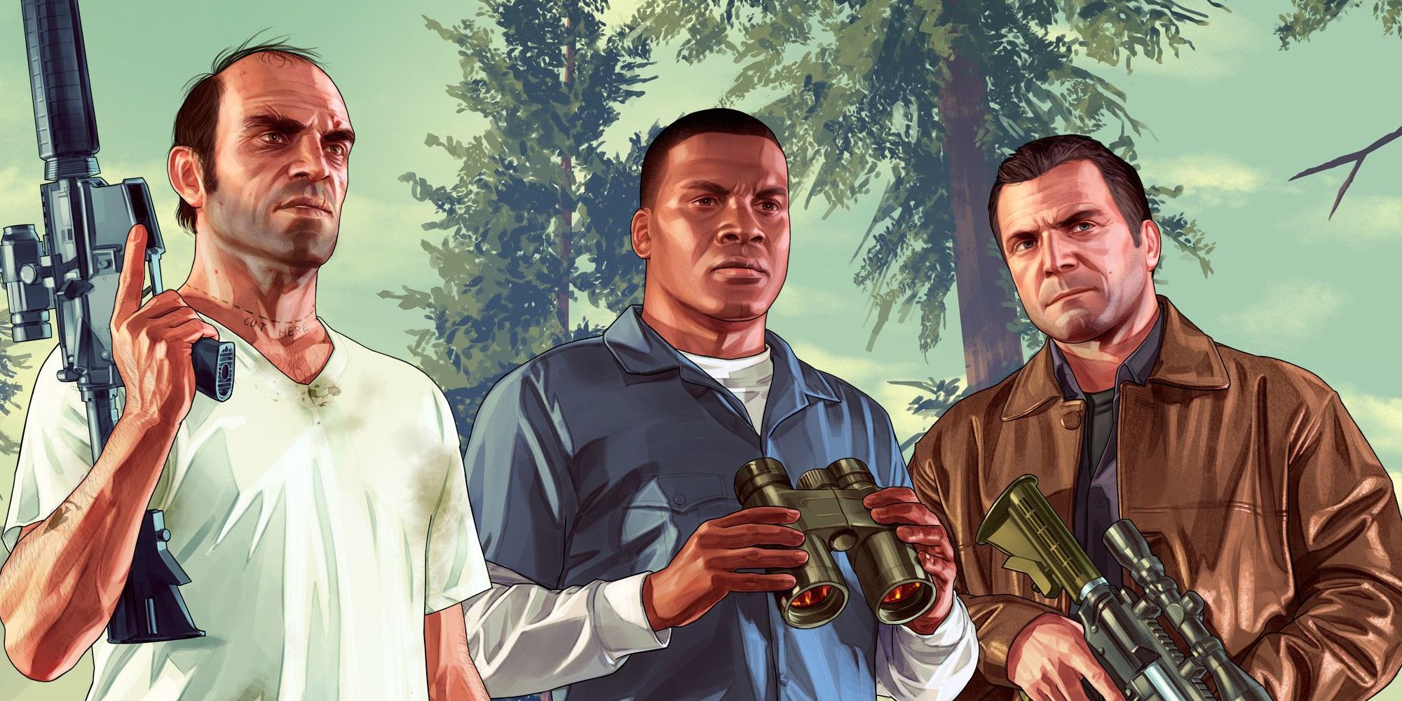 Grand Theft Auto 5's Frankin, Trevor and Michael in a forest