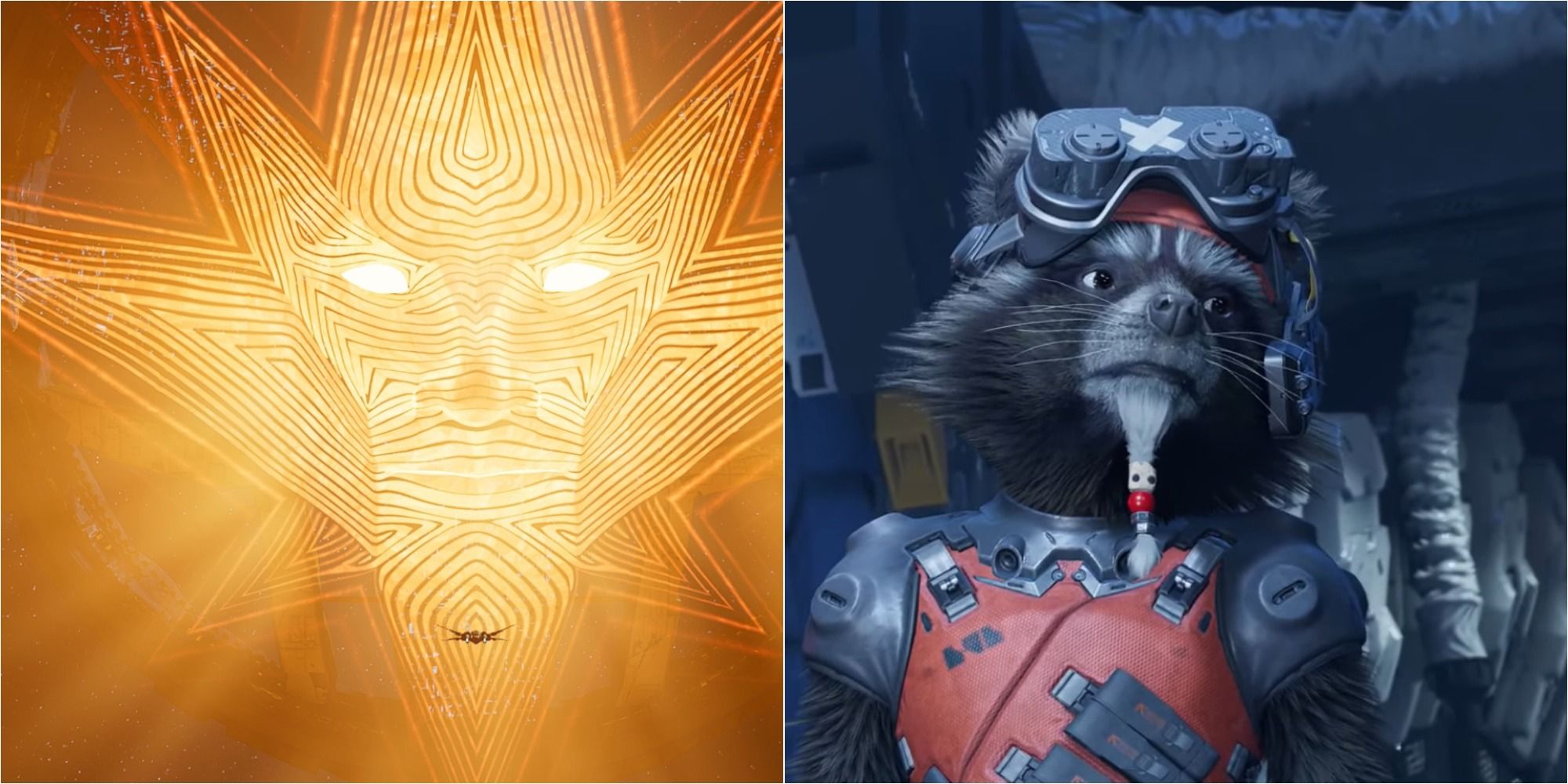 Guardians Of The Galaxy Biggest Choices Featured Split Image Featuring Worldmind and Rocket