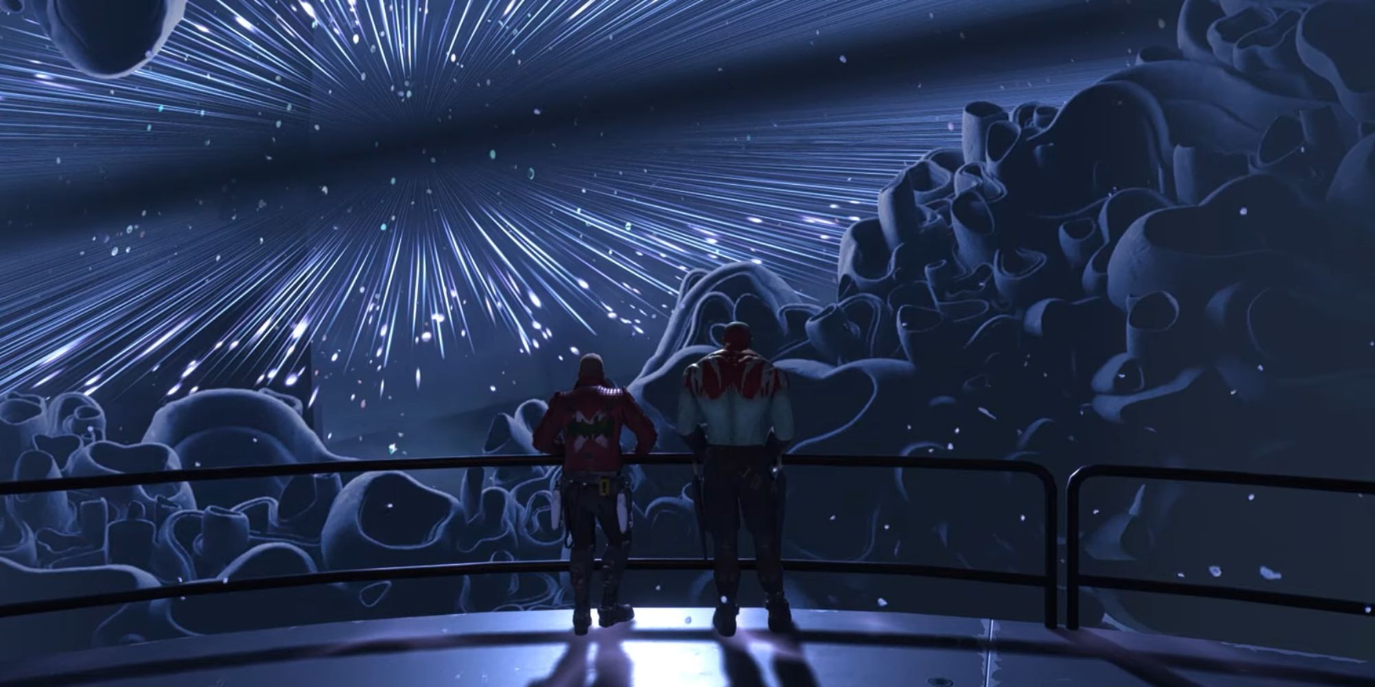 Guardians Of The Galaxy Screenshot Of Peter and Drax On Knowhere Looking Into Rift