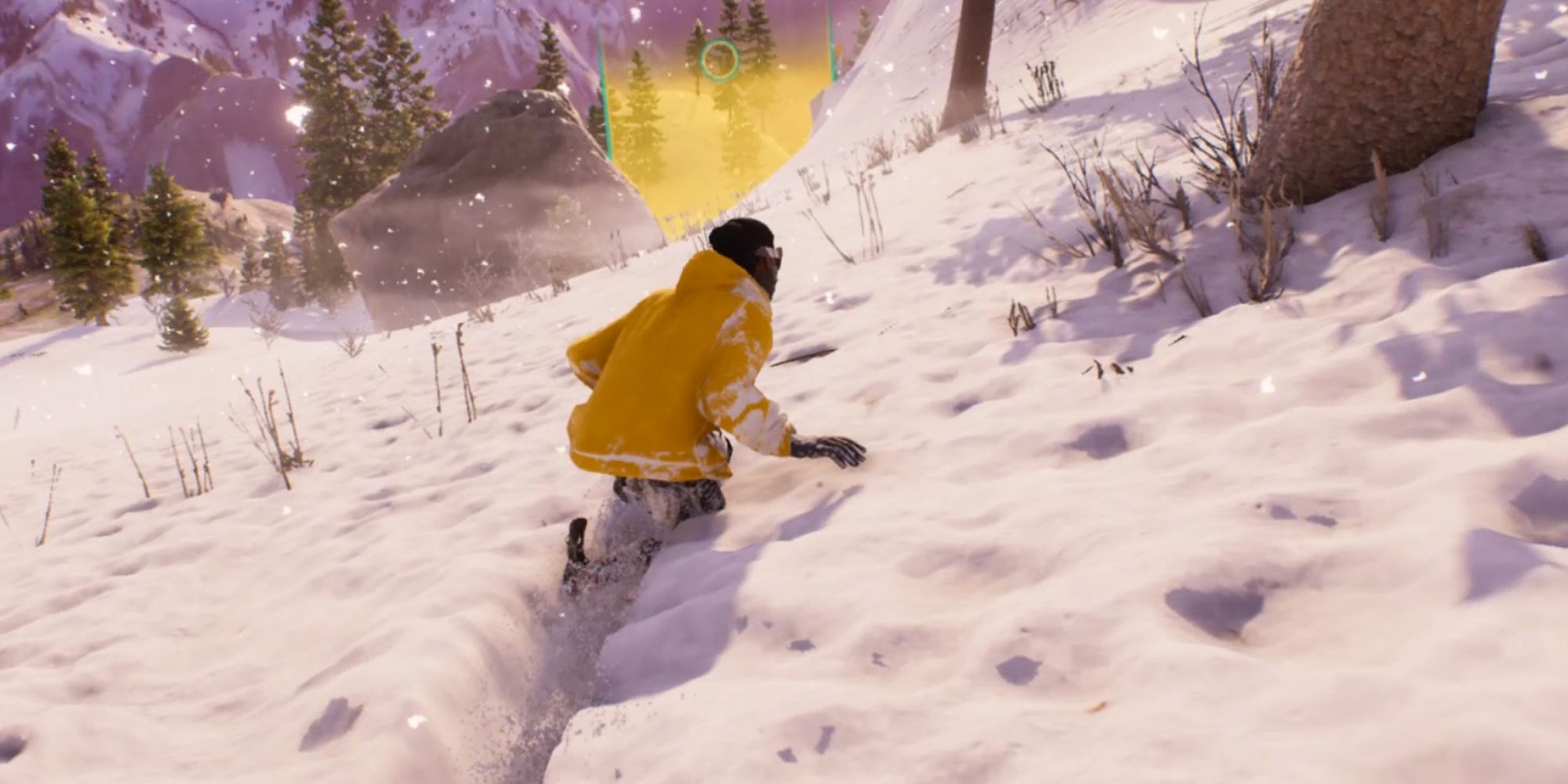 Riders Republic. Riding a snowboard in deep snow. Wearing a bright yellow jacket.