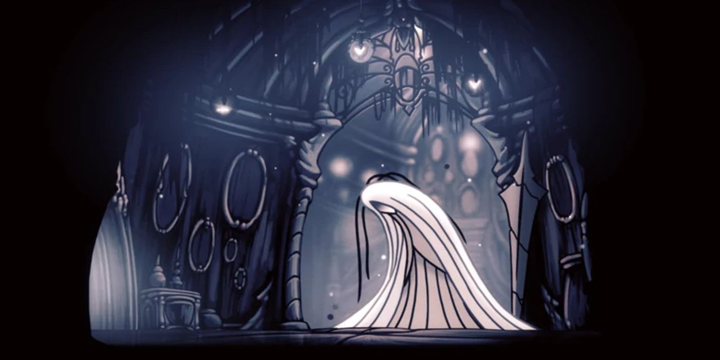 Hollow Knight's Grey Mourner character looking sad and down in the confines of her home.
