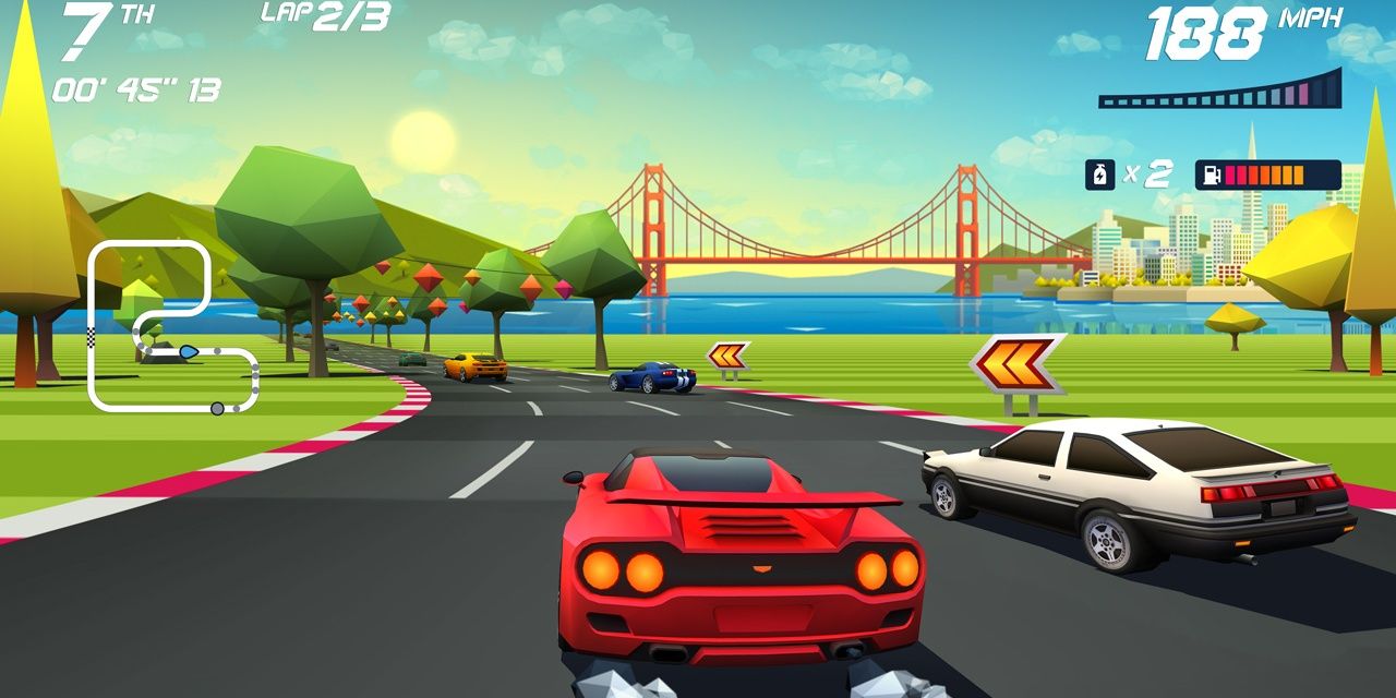 Car sliding near the golden gate bridge in Horizon Chase Turbo Power.