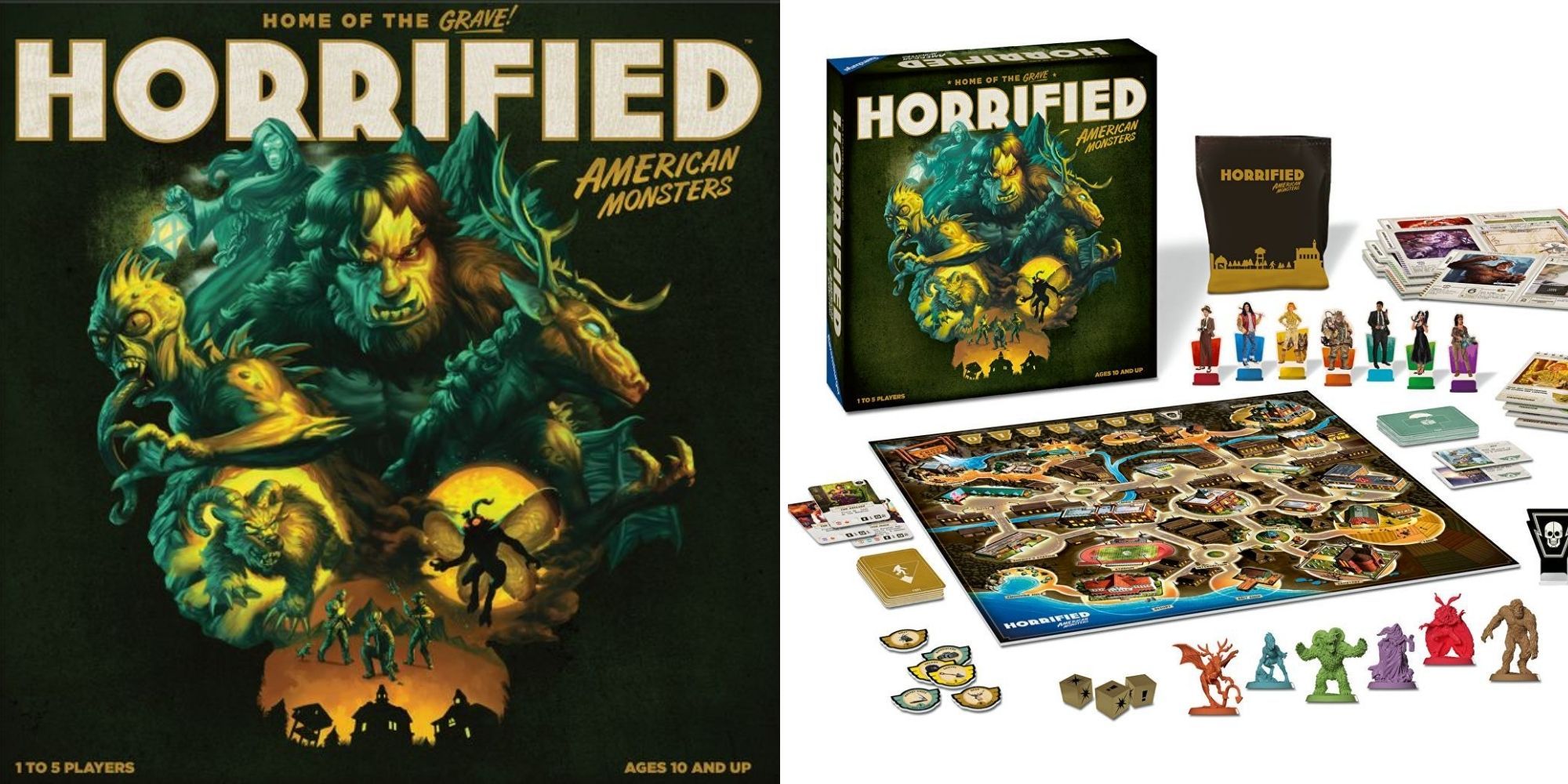 Horrified American Monsters game box on left, game set up on right