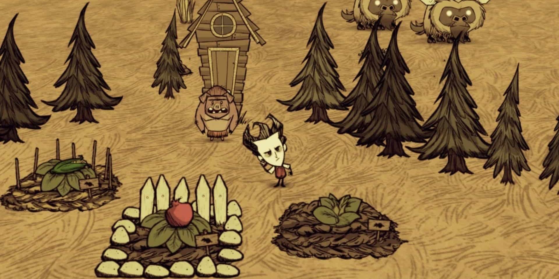 Wilson from Don't Starve next to a small farm. 
