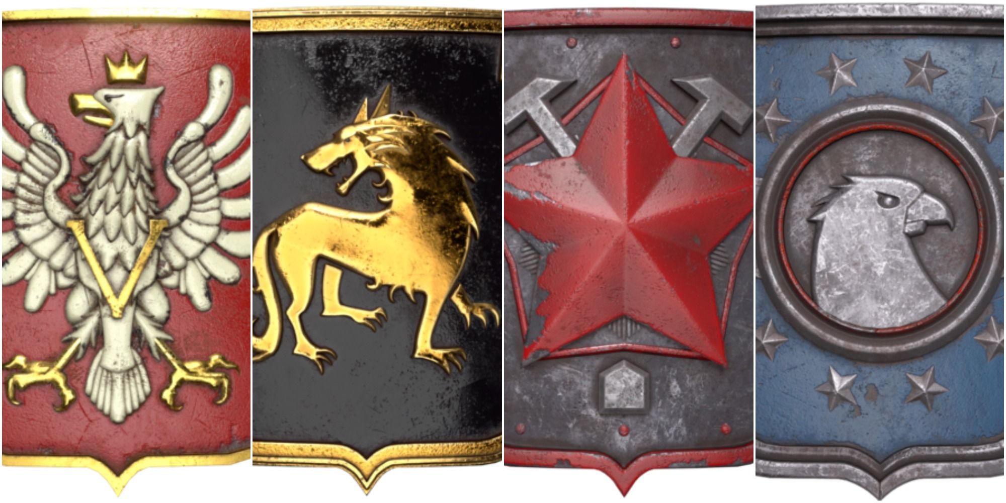 Iron Harvest Beginner Tips a collection of emblems from each of Iron Harvest's factions with the Polania Republic, Saxony Empire, Rusviet Tsardom and United Federation of Usonia from left to right