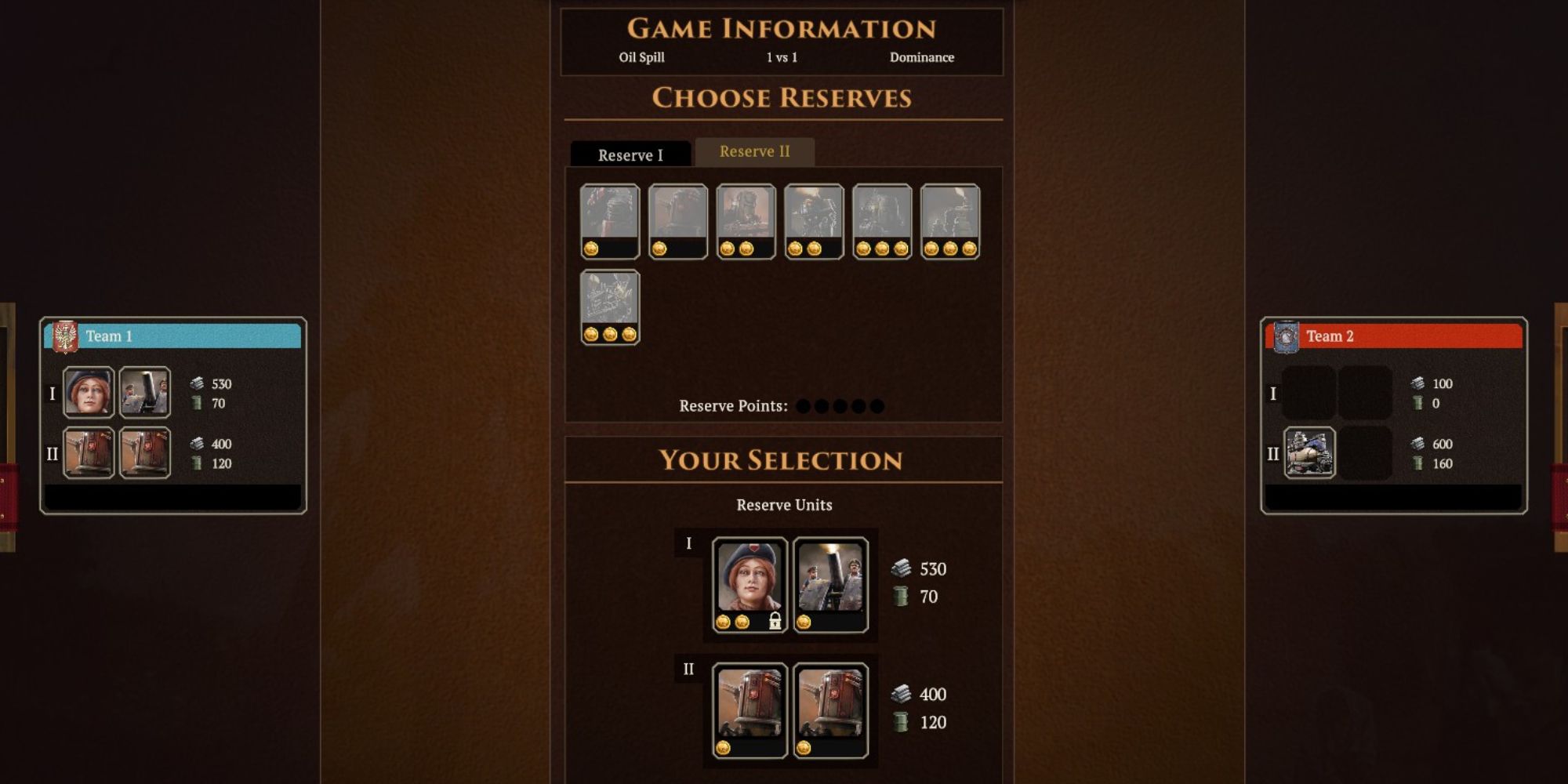 Iron Harvest Beginner Tips an image of a menu where you select your Reserve Units with icons representing each unit the player has picked in the centre and on the far left with the enemy's selection appearing on the right