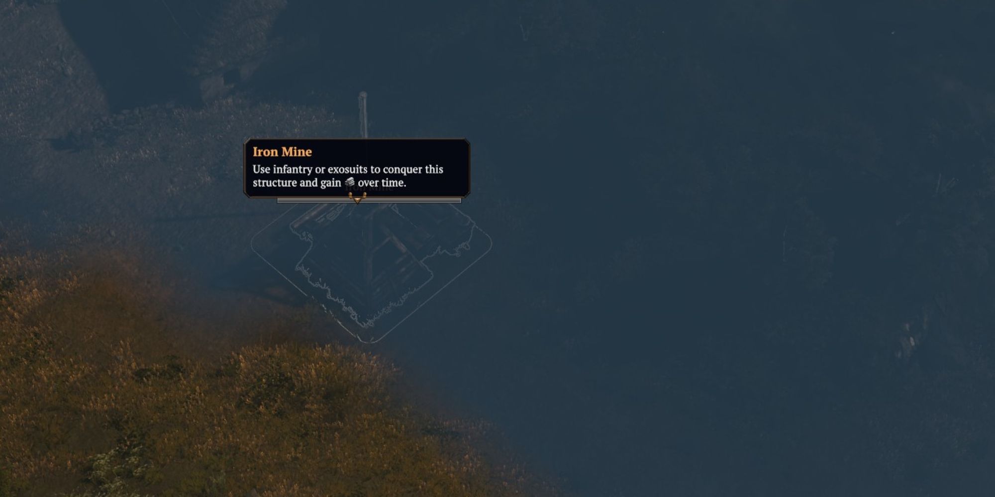 Iron Harvest Beginner Tips an overhead shot of an iron mine shrouded in a grey fog next to a stone wall with a description of the mine hovering above it in a text box