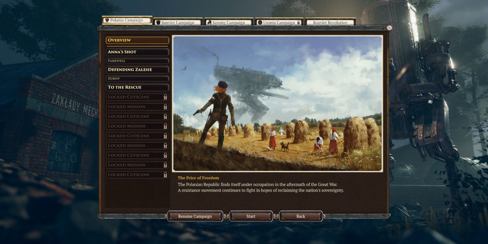 Iron Harvest Beginner Tips an image of a menu detailing chapters in the Story Mode of Iron Harvest with artwork of a woman standing in front of a field with a giant mech in the background accompanying the chapter name