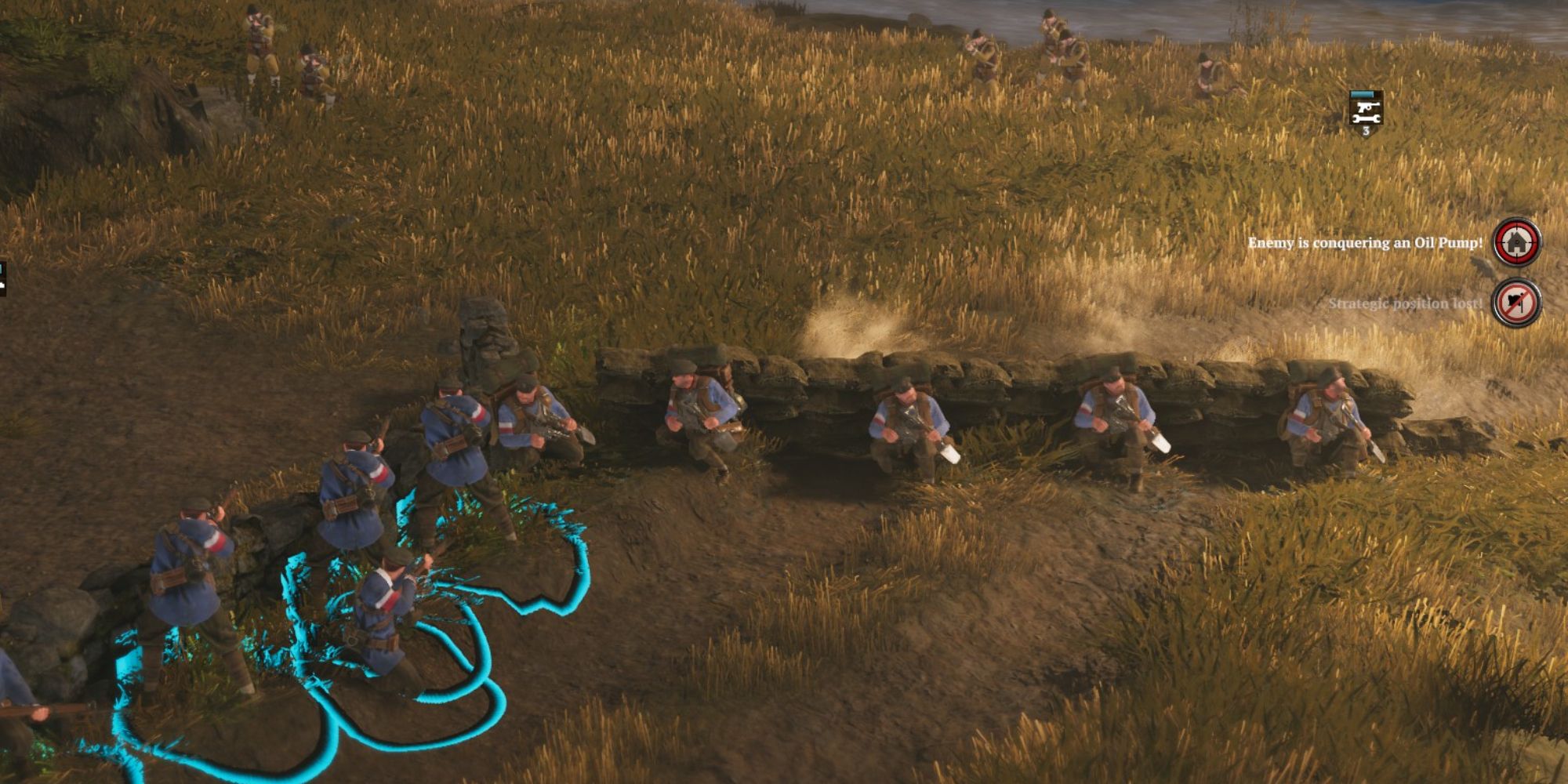 Iron Harvest Beginner Tips a mid shot of a group of soldiers in a field of brown grass cowering behind a stone wall and sandbags being shot at by distant enemies with smoke coming off the sandbags from where the bullets hit