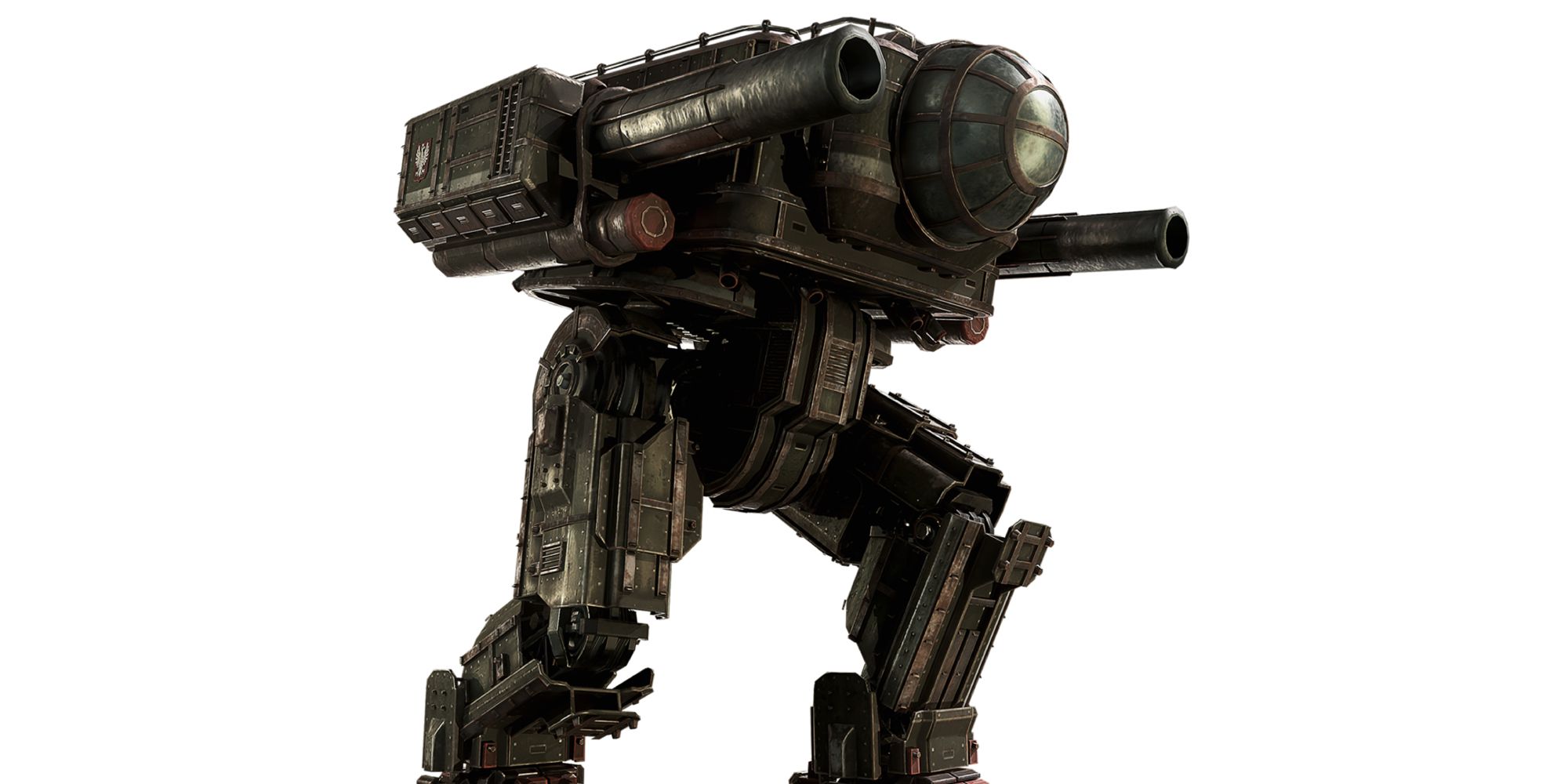 Iron Harvest Mechs a side shot of the towering mech PZM-24 Tur with its tree-trunk thick legs marching forward and its two large cannons pointing to the side against a white background