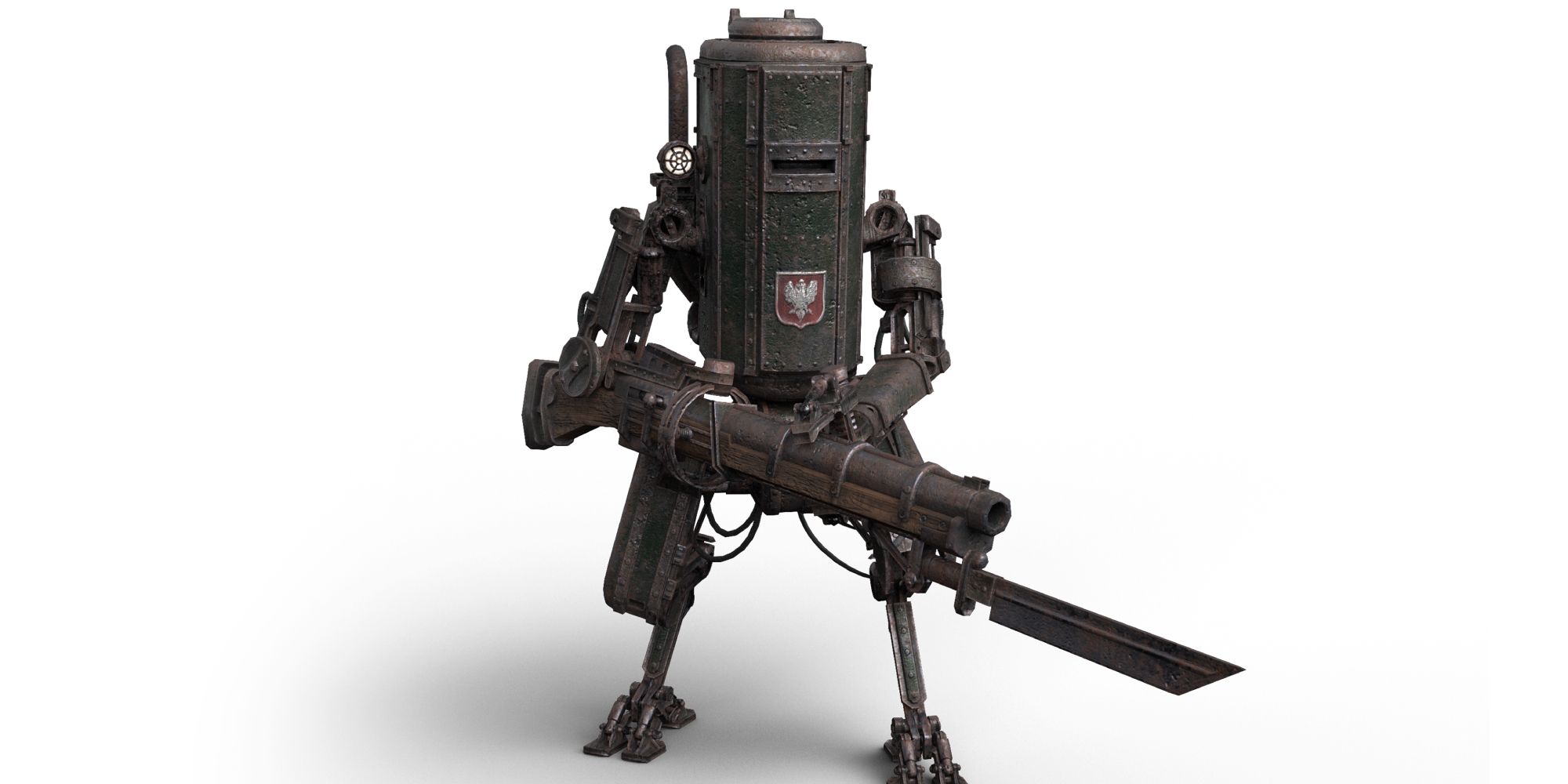 Iron Harvest Mechs a wide shot of the tall and thin cylindrical mech PZM-7 Smialy holding a long rifle with a bayonet at the end against a white background