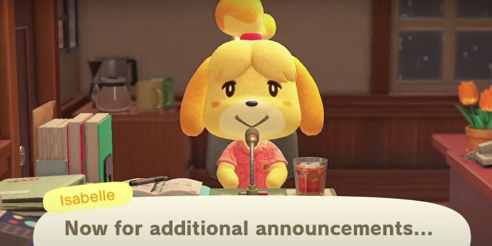 A Screenshot Of Animal Crossing Game Play Showing Isabelle In Resident Services Making Her Daily Announcements.