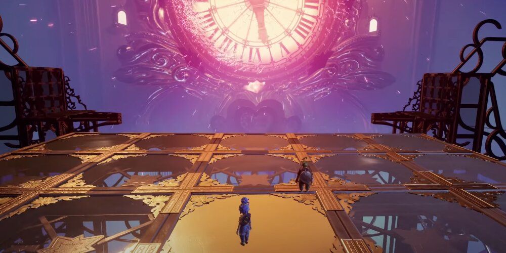 A Screenshot From It Takes Two Showing May and Cody Within The Cuckoo Clock, Facing A Giant Clock Face.