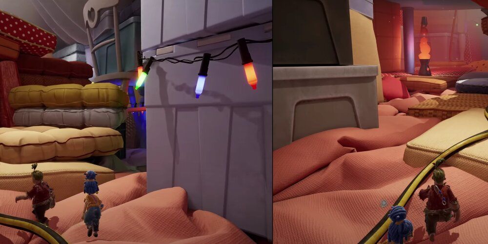 A Screenshot From Split Screen Game Play of May and Cody In The Pillow Fort Section Of It Takes Two