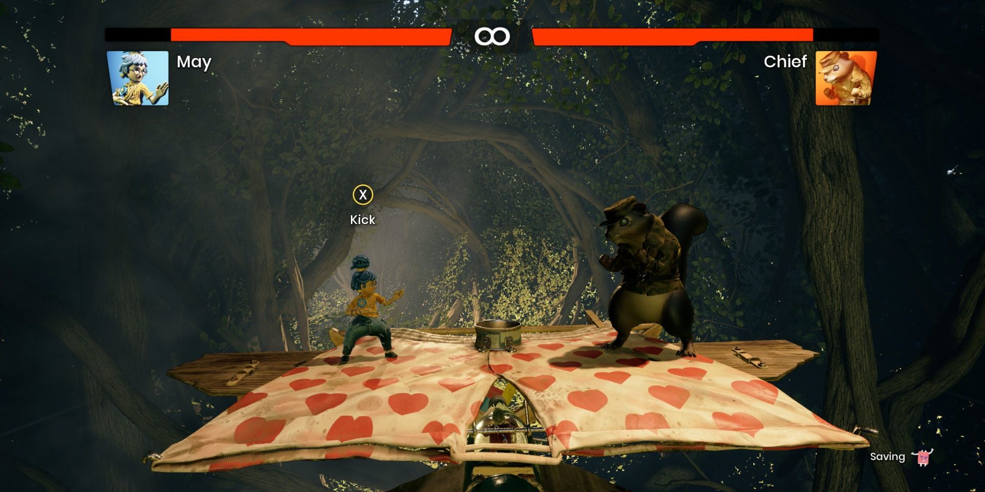 a wide shot of May fighting the Squirrel Chief on top of a plane made out of underpants in It Takes Two with their healthbars at the top of the image