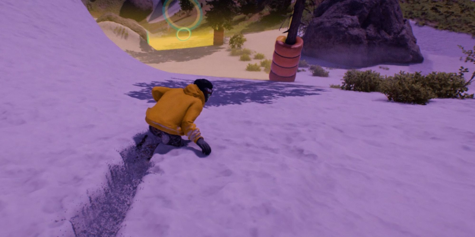 Riders Republic. Snowboarding with purple lighting. Wearing yellow jacket coming up to checkpoint.