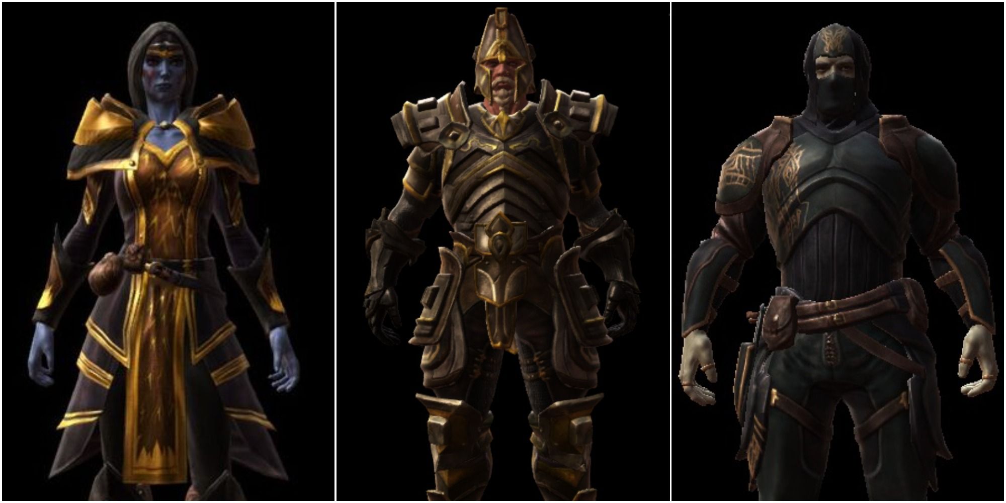 Kingdoms of Amalur Re-Reckoning the Lachlan's Armour set on the left, the Crucible Armour set in the middle and the Justice Armour set on the right