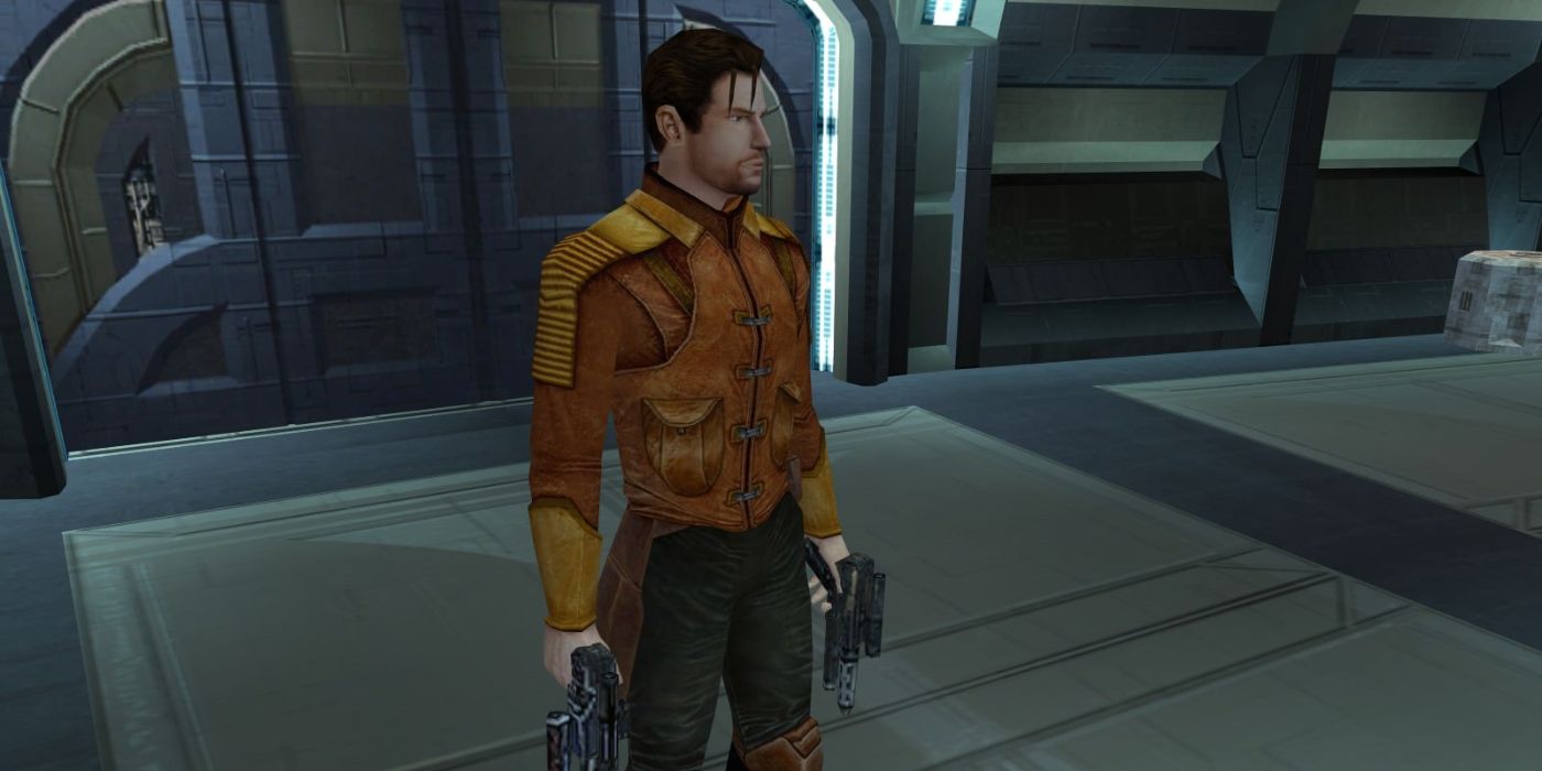 Carth Onasi stands with a gun in each hand in Star Wars: Knights Of The Old Republic.