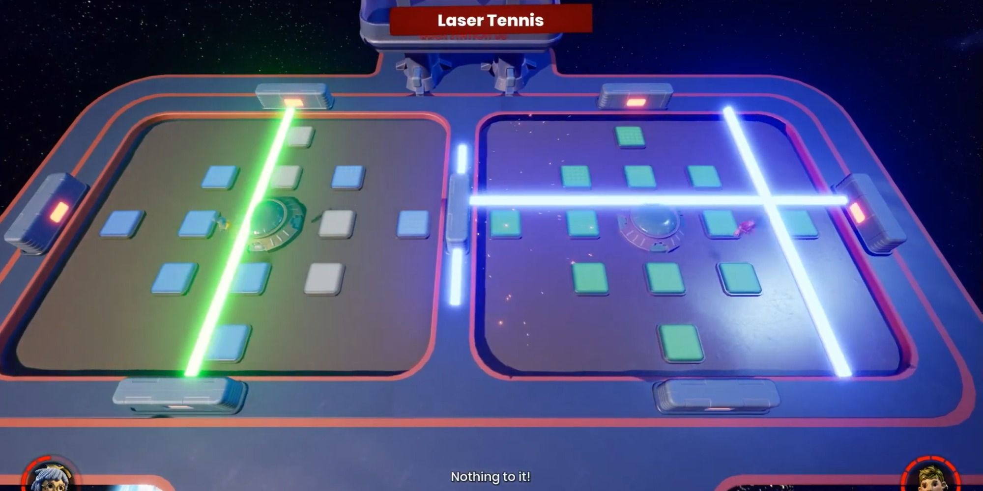 It Takes Two Laser Tennis minigame with green and blue beams of light
