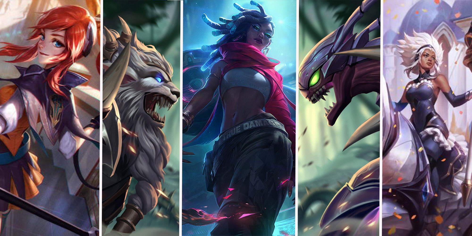 League Synergies Feature Image containg Rengar, True Damage Senna, Battle Academia Lux, Kha'Zix, and Battle Queen Rell