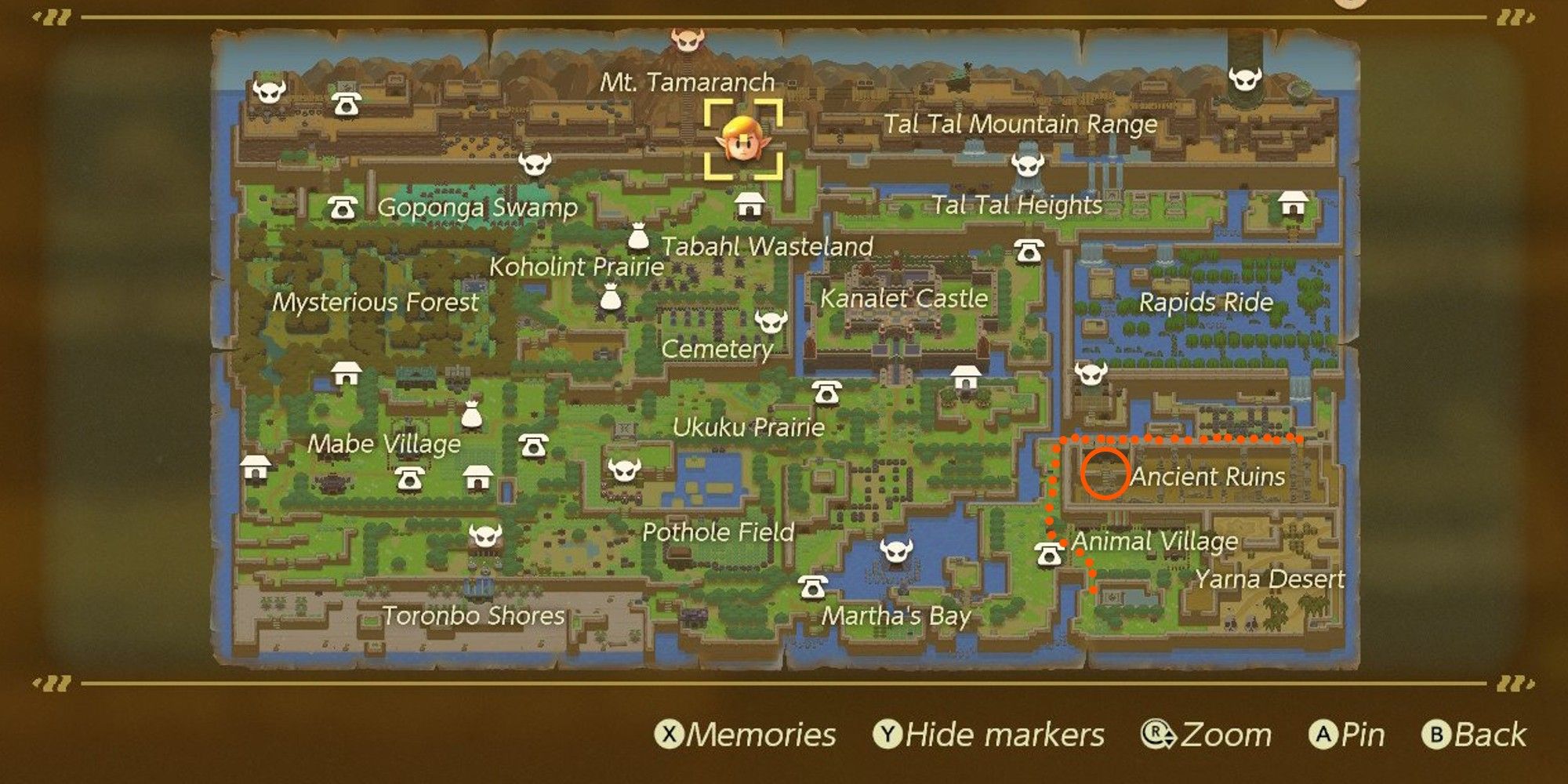 links awakening map with location of armos knight and face key circled