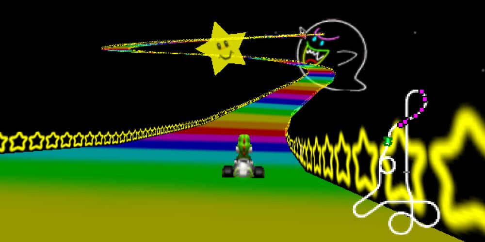 Yoshi drives on Rainbow Road.