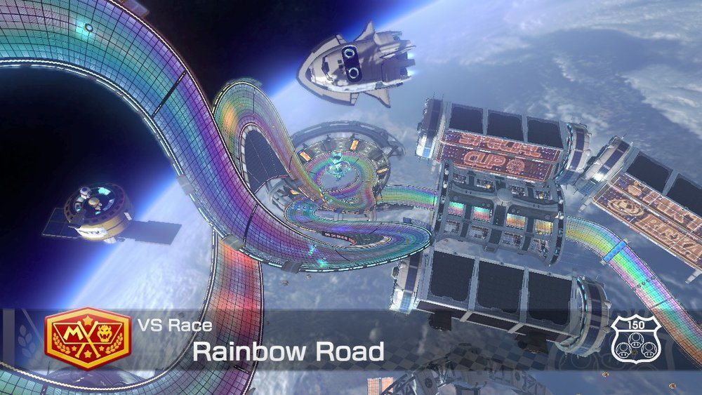 A zoomed out view of the Rainbow Road track on Mario Kart 8.