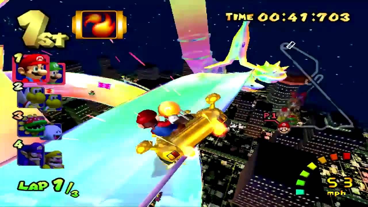 Mario gets read to use his fireballs on Rainbow Road.