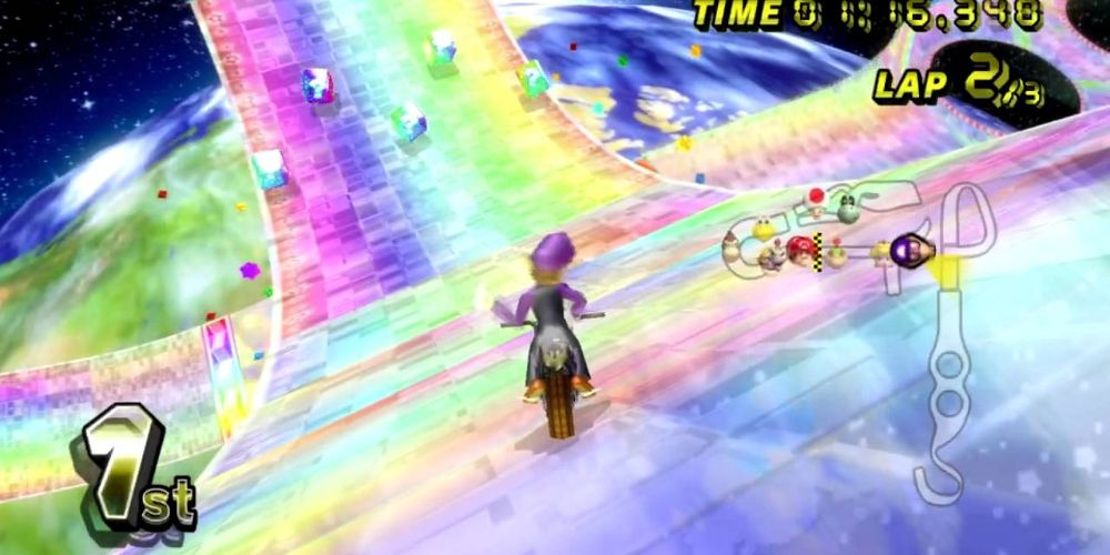 Waluigi drives on Rainbow Road.