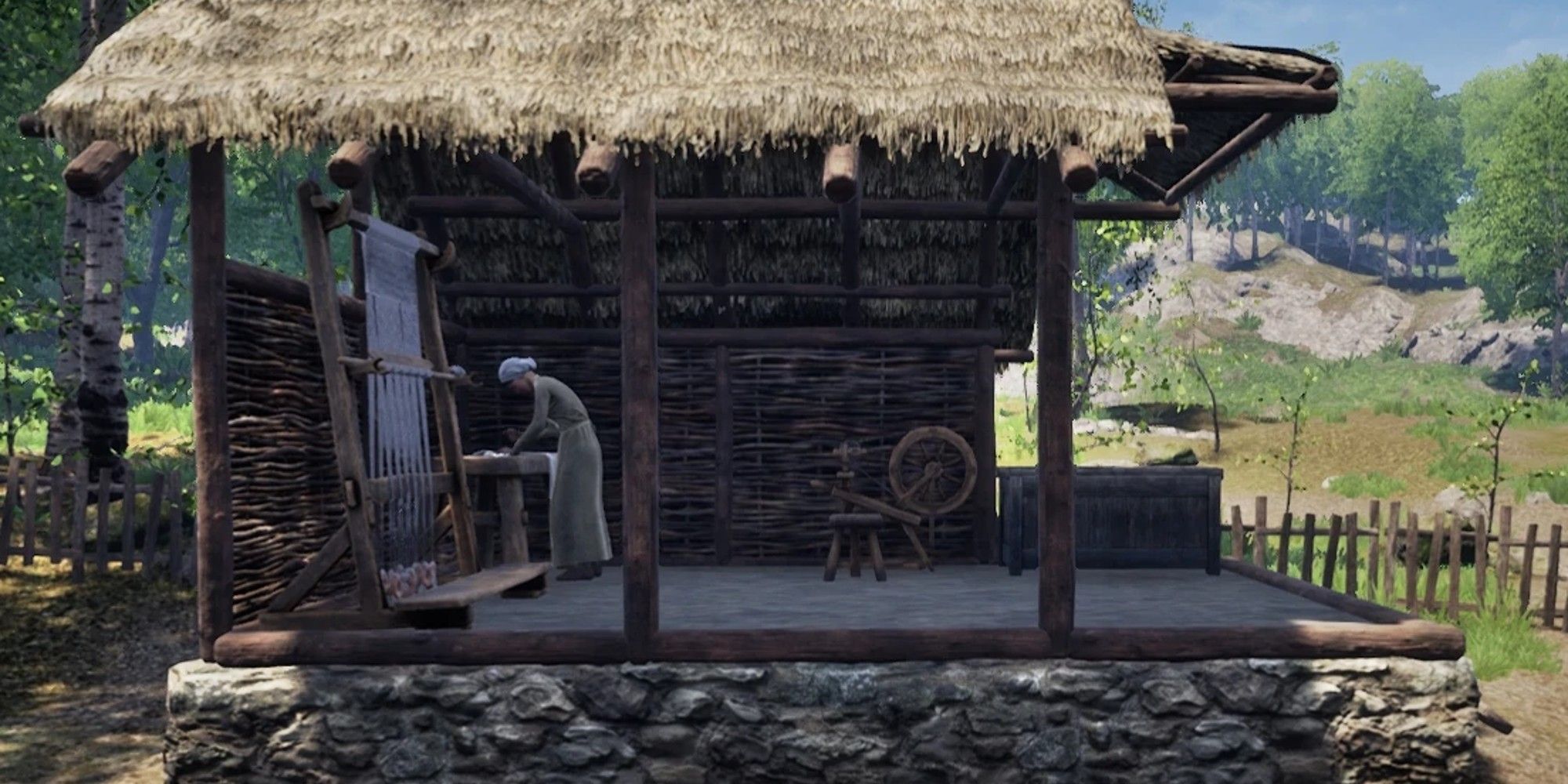 Villager working in a sewing hut