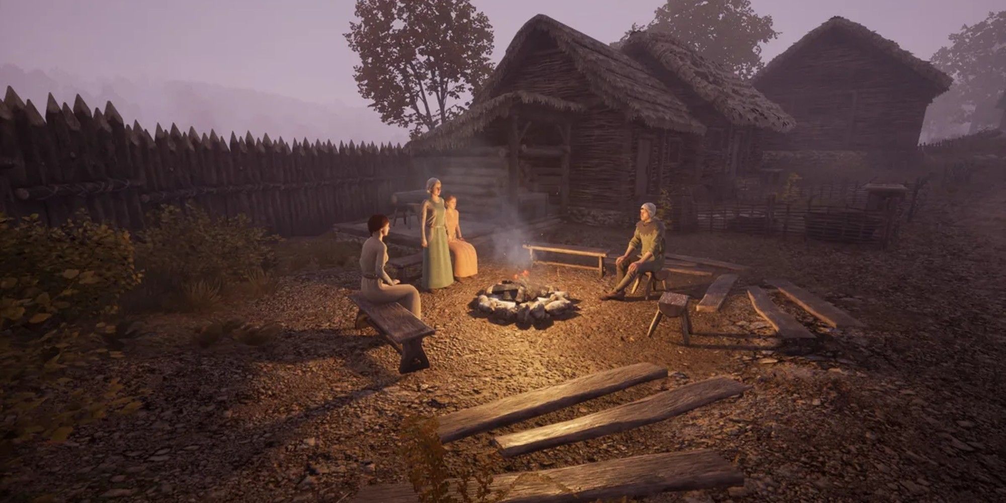 villagers around a campfire in a guest house on a foggy day