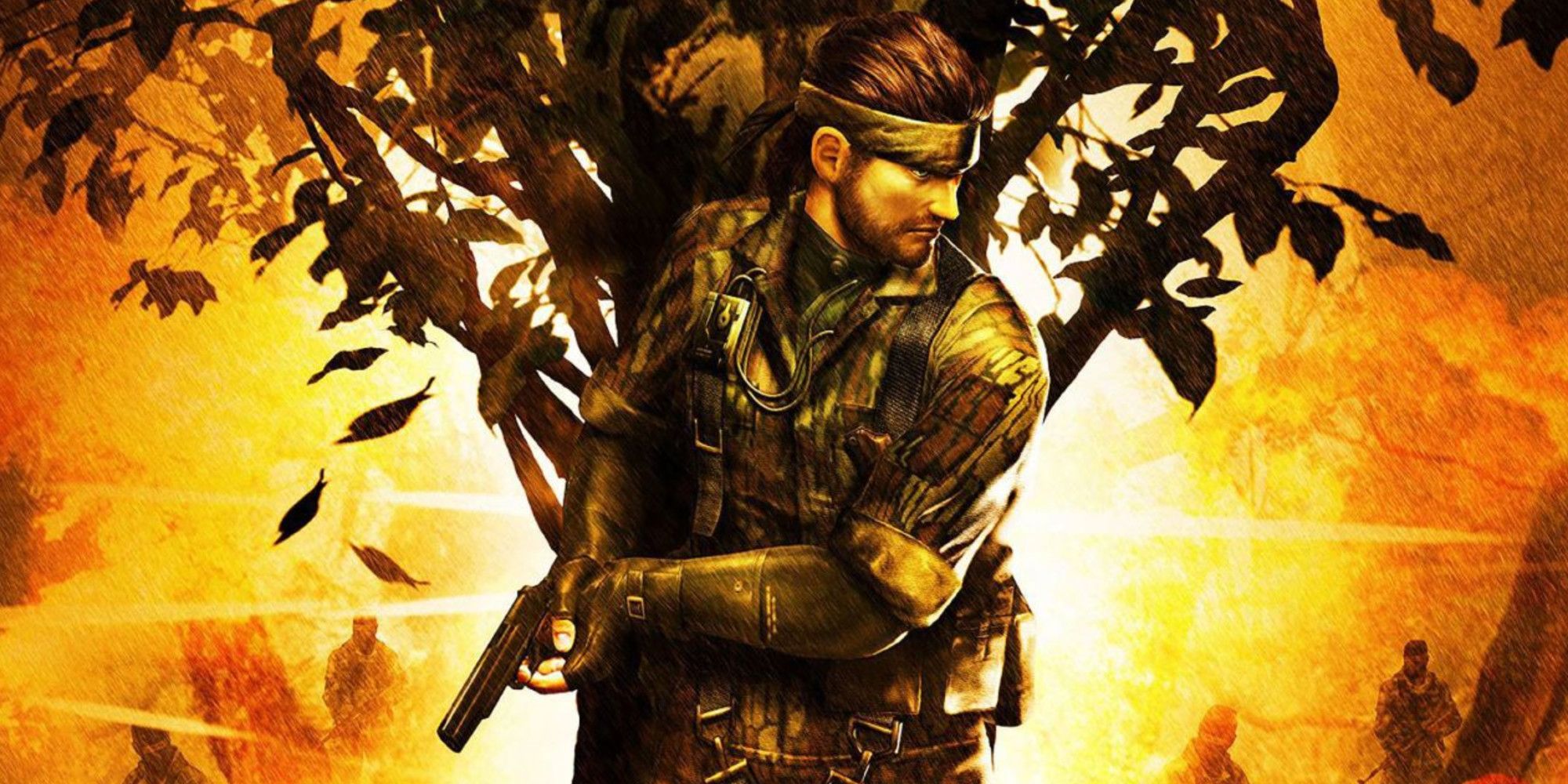 Cover art for Metal Gear Solid 3 Snake Eater featuring Snake against tree and fiery orange backdrop