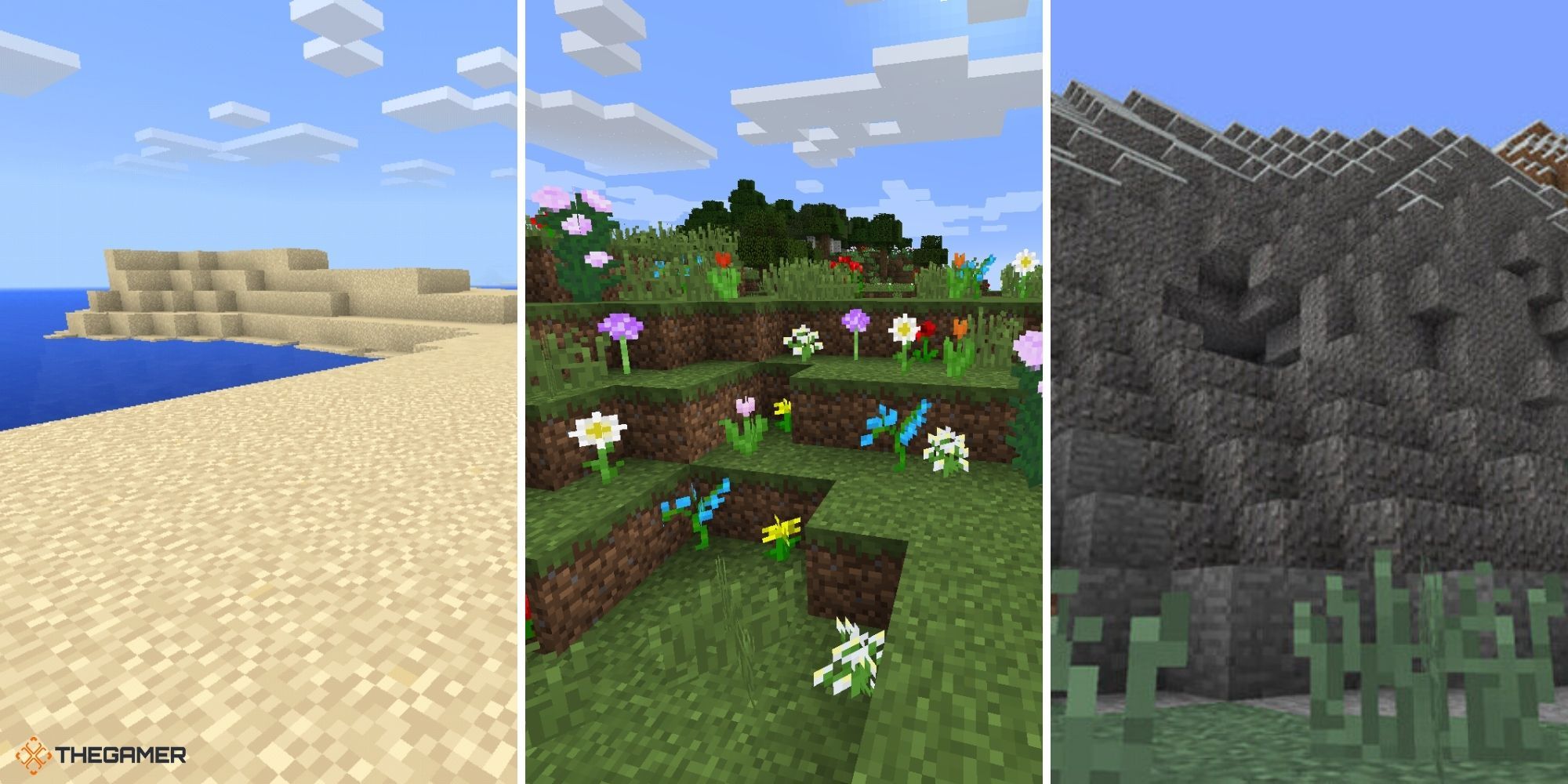 Minecraft - Sand on left, Gravel on right, flowers in centre