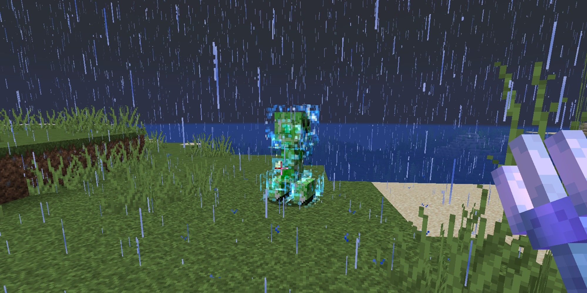 player holding a trident while looking at a charged creeper