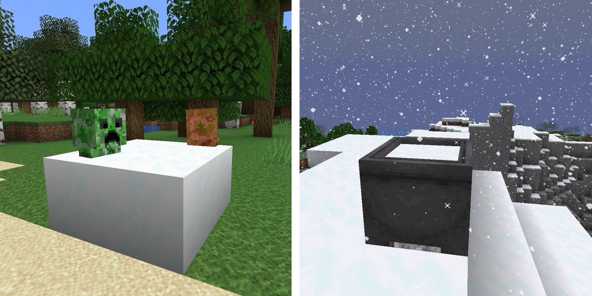 image of creepers in powdered snow next to image of cauldron filled with powdered snow