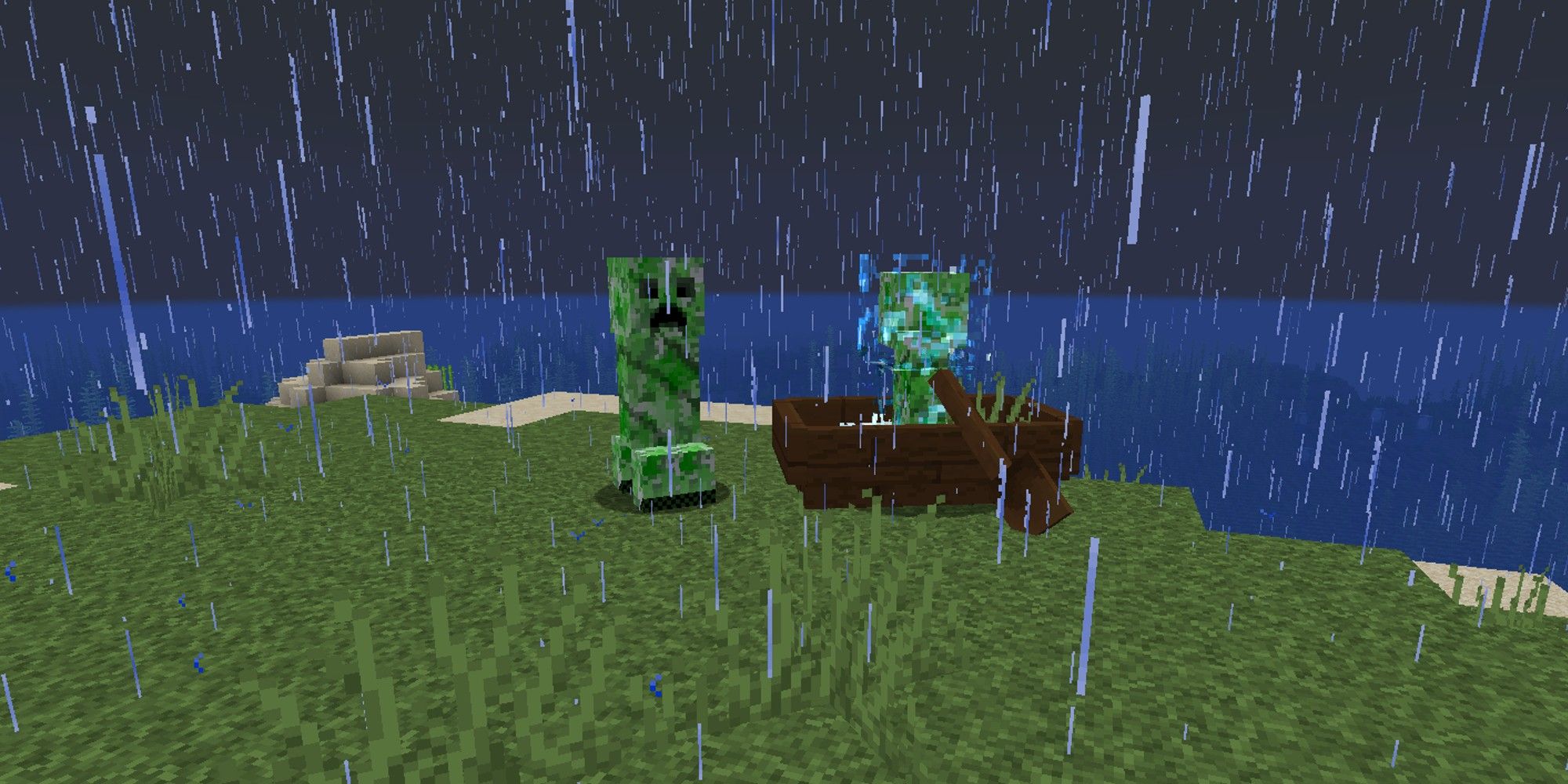 creeper standing next to charged creeper in a boat