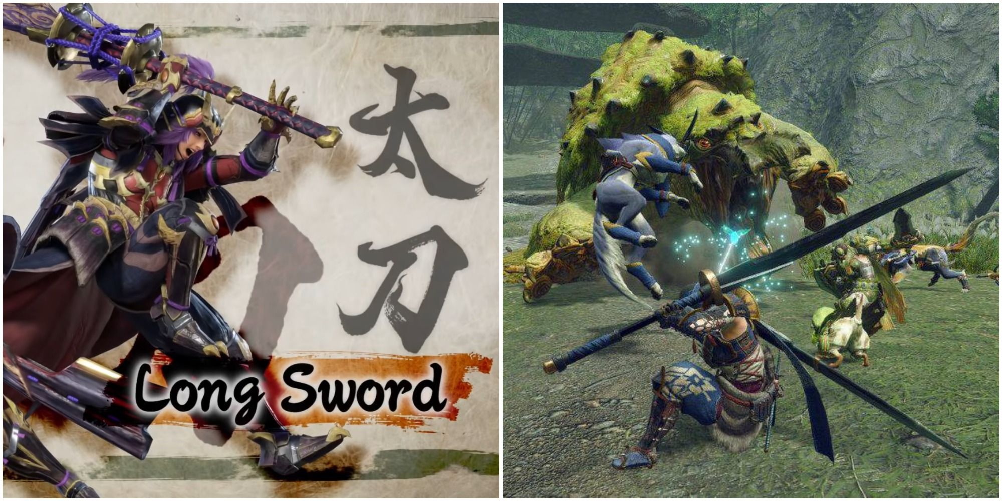 An official artwork of longswords using Magnamalo gear, and a promo shot of a player fighting a Tetranadon with a longsword