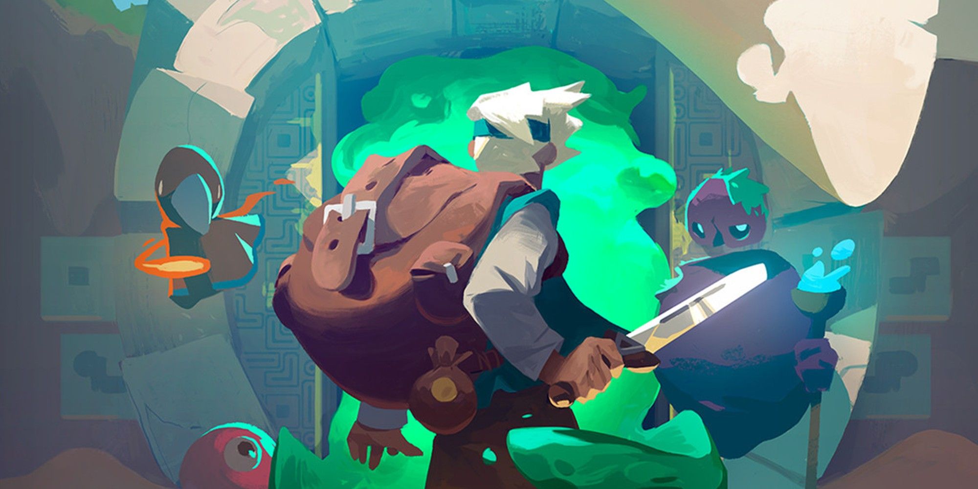 promotional art of will from moonlighter facing a dungeon
